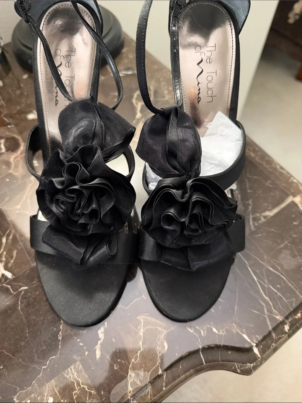Touch of Nina Black Satin Floral Rosette Strappy Heels